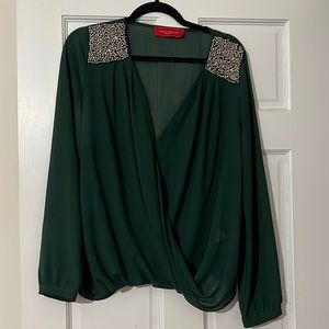 Akira- Forest green shirt with beaded shoulder detail, L